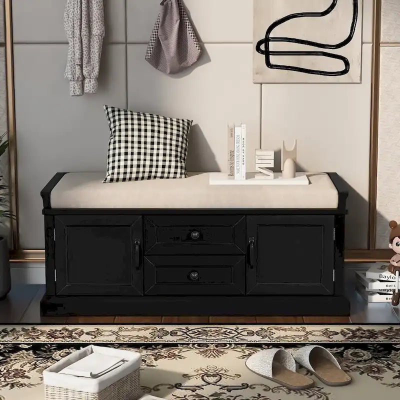Banc de rangement d'entrée avec coussin amovible, 2 tiroirs et 2 portes d'armoire