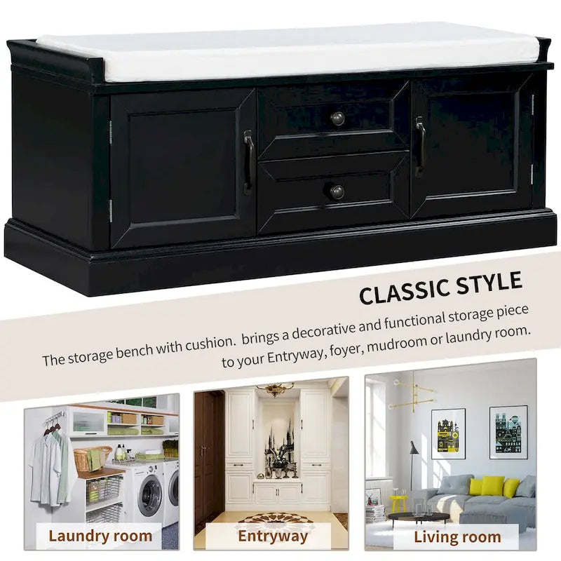 Banc de rangement d'entrée avec coussin amovible, 2 tiroirs et 2 portes d'armoire