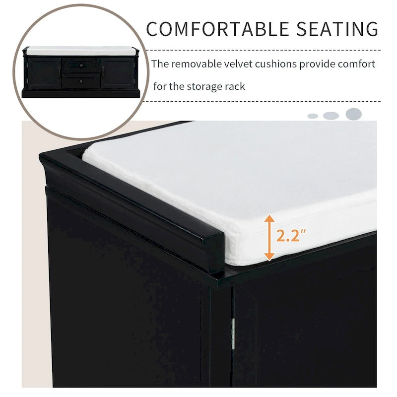 Banc de rangement d'entrée avec coussin amovible, 2 tiroirs et 2 portes d'armoire