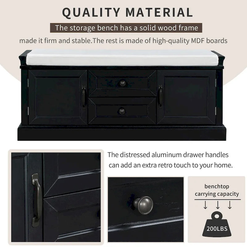 Banc de rangement d'entrée avec coussin amovible, 2 tiroirs et 2 portes d'armoire