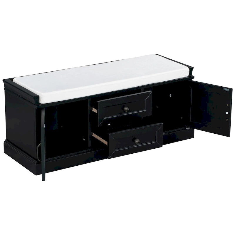 Banc de rangement d'entrée avec coussin amovible, 2 tiroirs et 2 portes d'armoire