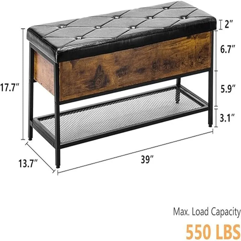 Banc de rangement en similicuir capitonné losanges avec cadre en bois manufacturé et métal