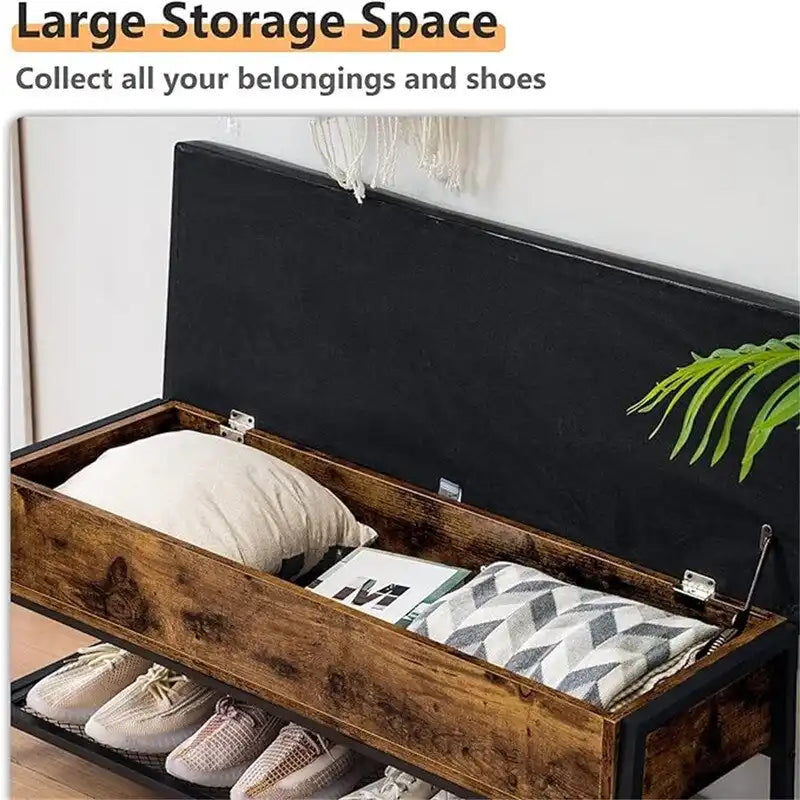 Banc de rangement en similicuir capitonné losanges avec cadre en bois manufacturé et métal