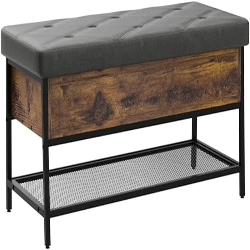 Banc de rangement en similicuir capitonné losanges avec cadre en bois manufacturé et métal