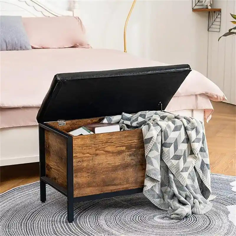 Banc de rangement en similicuir capitonné losanges avec cadre en bois manufacturé et métal