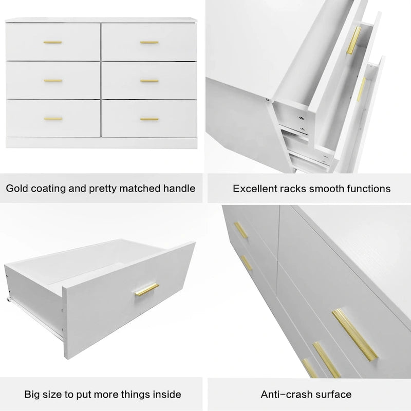 Commode large à 6 tiroirs, 2 colonnes, pour chambre à coucher