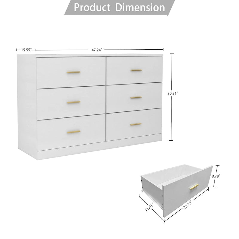 Commode large à 6 tiroirs, 2 colonnes, pour chambre à coucher