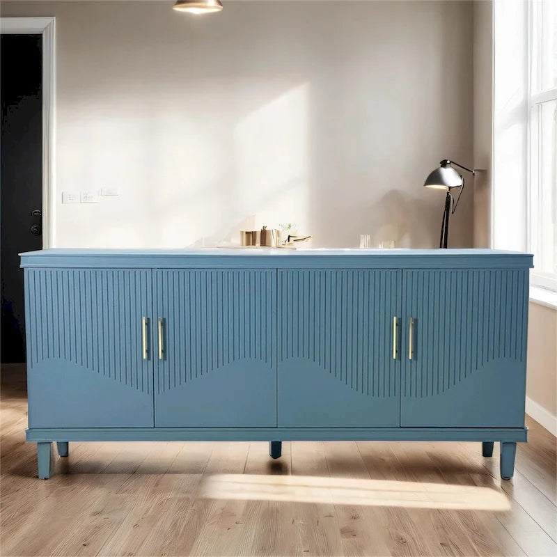 Buffet 4 portes avec panneau cannelé, étagères réglables et pieds en bois massif