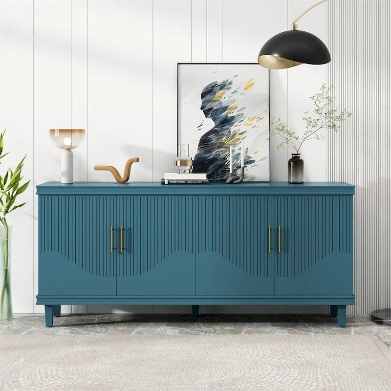 Buffet 4 portes avec panneau cannelé, étagères réglables et pieds en bois massif