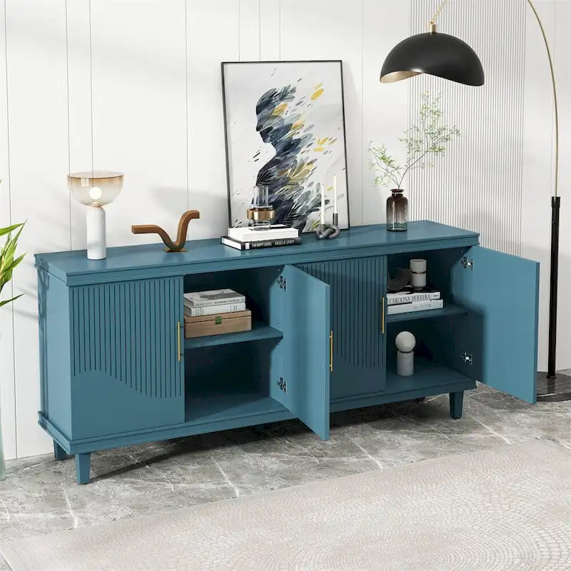 Buffet 4 portes avec panneau cannelé, étagères réglables et pieds en bois massif