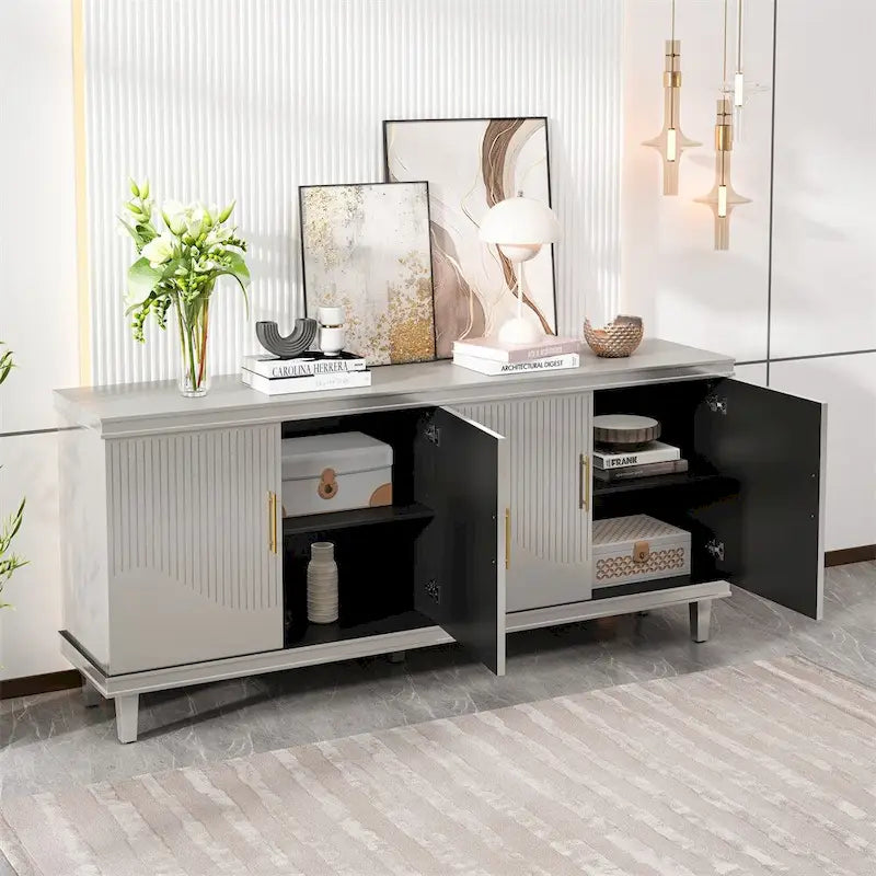 Buffet 4 portes avec panneau cannelé, étagères réglables et pieds en bois massif