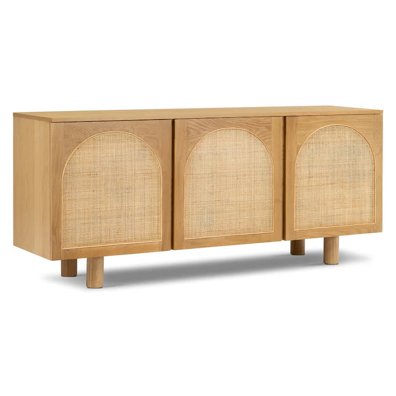 Buffet en chêne de 178 cm avec portes à cannage et détails en arche | Finition naturelle