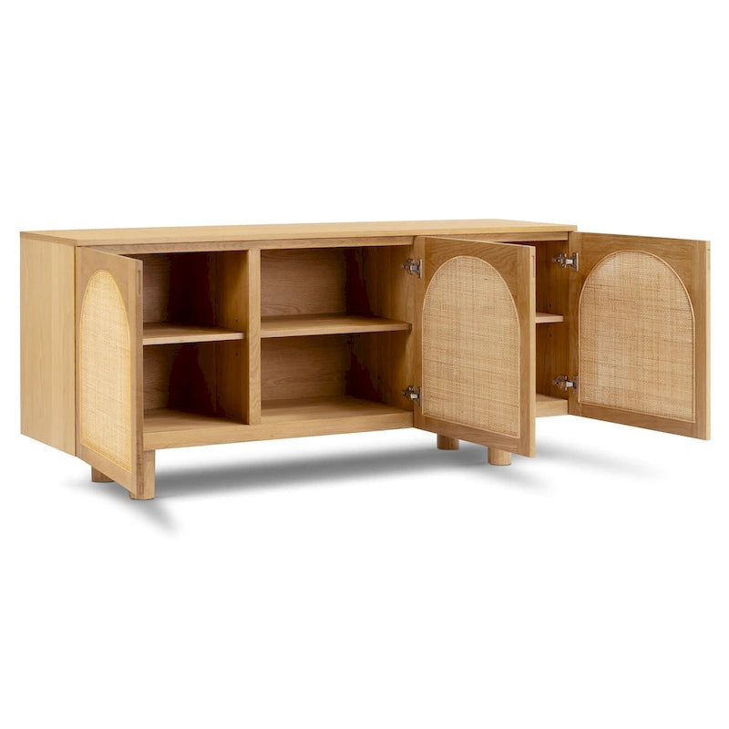 Buffet en chêne de 178 cm avec portes à cannage et détails en arche | Finition naturelle