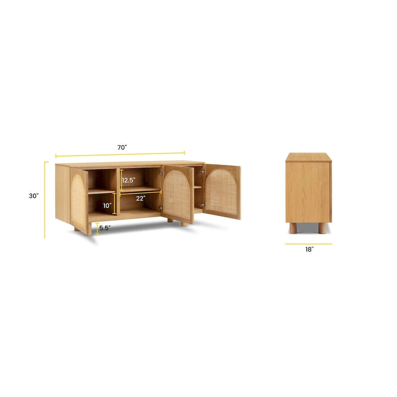 Buffet en chêne de 178 cm avec portes à cannage et détails en arche | Finition naturelle