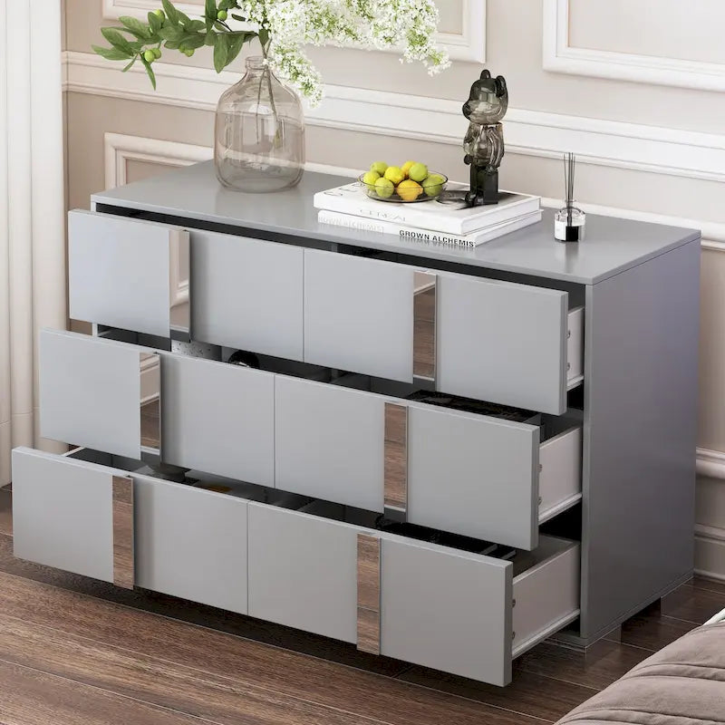 Commode moderne à 6 tiroirs avec poignées effet miroir et dispositif anti-basculement