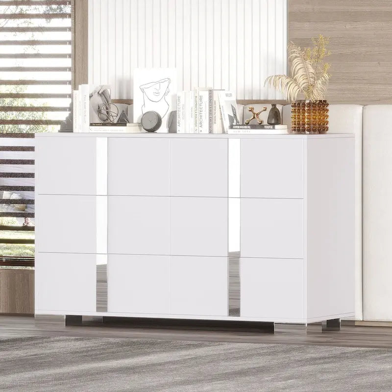 Commode moderne à 6 tiroirs avec poignées effet miroir et dispositif anti-basculement