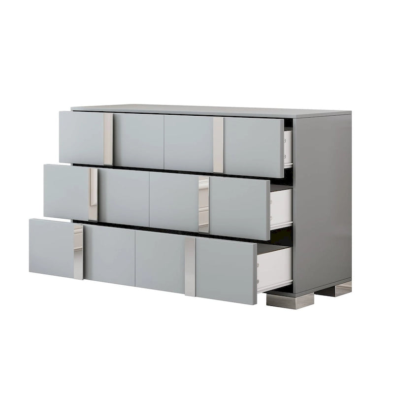 Commode moderne à 6 tiroirs avec poignées effet miroir et dispositif anti-basculement