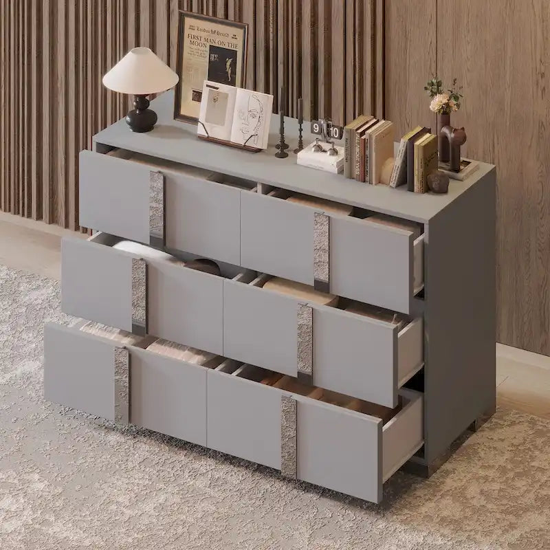 Commode moderne à 6 tiroirs avec poignées effet miroir et dispositif anti-basculement