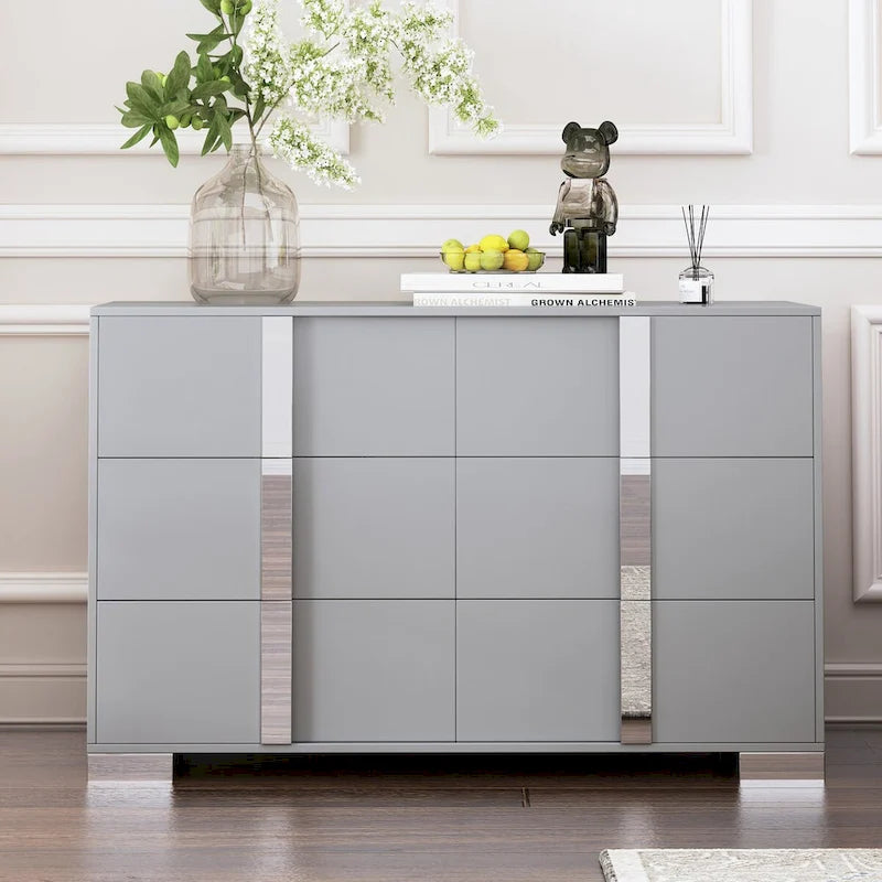 Commode moderne à 6 tiroirs avec poignées effet miroir et dispositif anti-basculement