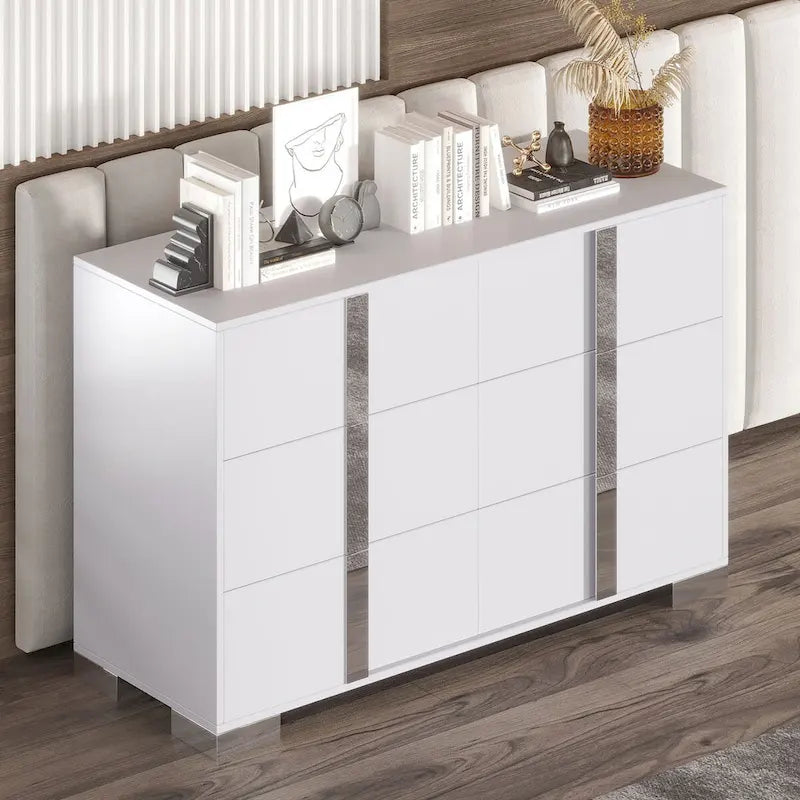 Commode moderne à 6 tiroirs avec poignées effet miroir et dispositif anti-basculement