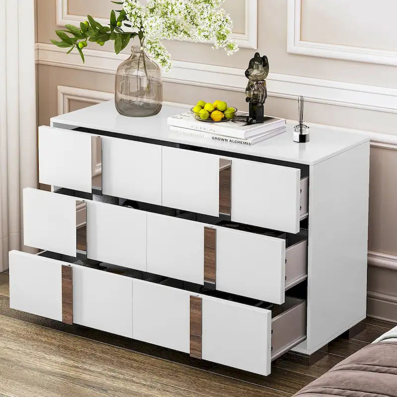 Commode moderne à 6 tiroirs avec poignées effet miroir et dispositif anti-basculement