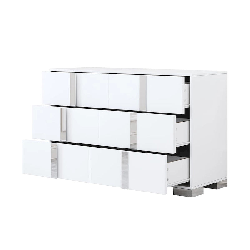 Commode moderne à 6 tiroirs avec poignées effet miroir et dispositif anti-basculement