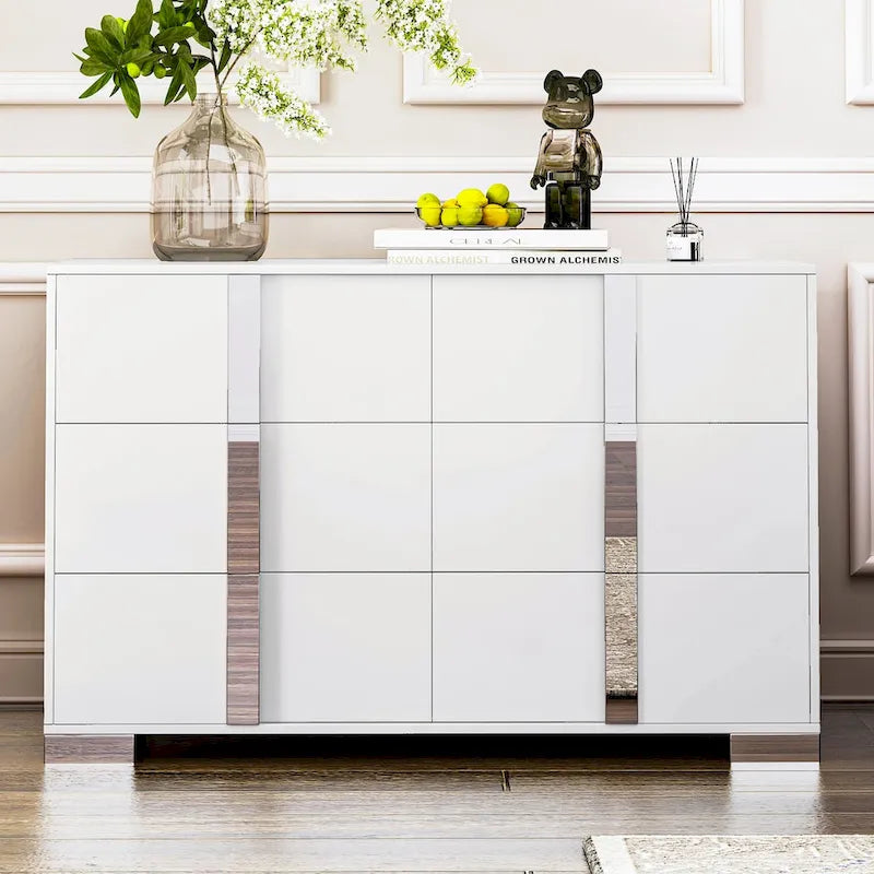 Commode moderne à 6 tiroirs avec poignées effet miroir et dispositif anti-basculement