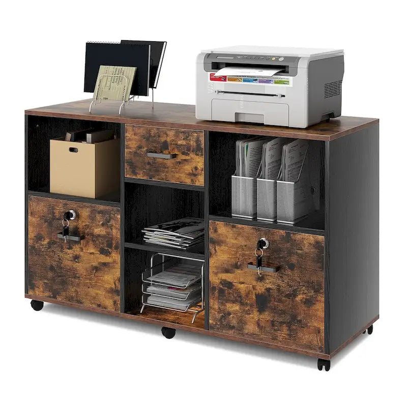 Meuble de Rangement Mobile en Bois avec Serrure, 3 Tiroirs et 4 Étagères Ouvertes — Support d'Imprimante pour Bureau à Domicile