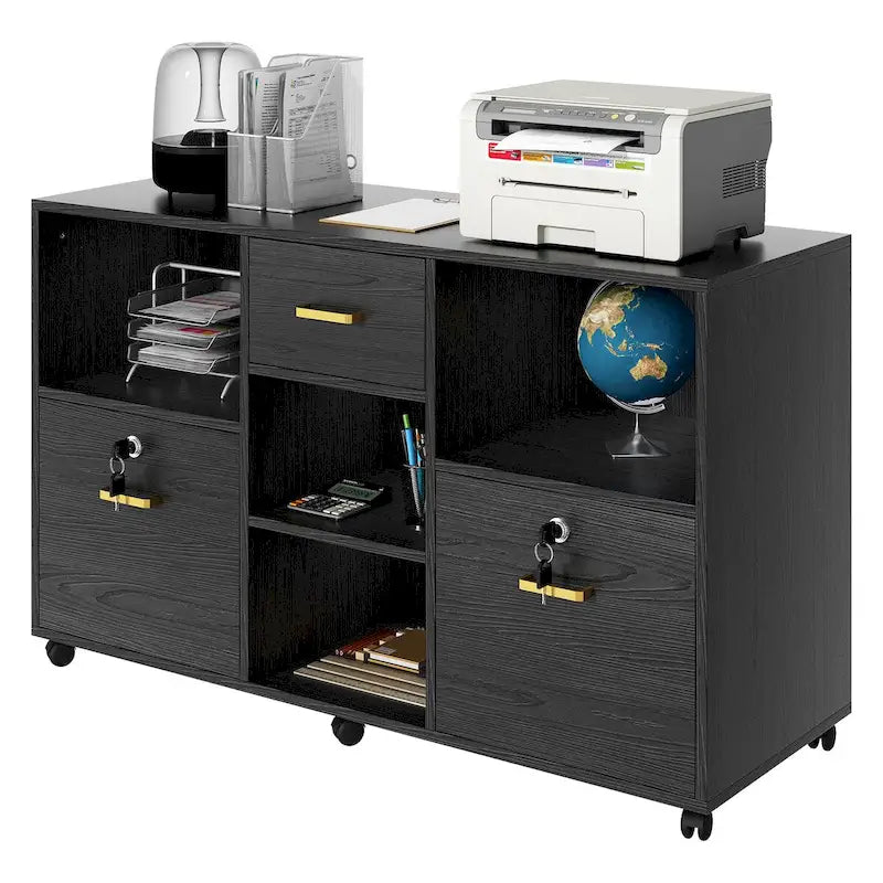 Meuble de Rangement Mobile en Bois avec Serrure, 3 Tiroirs et 4 Étagères Ouvertes — Support d'Imprimante pour Bureau à Domicile