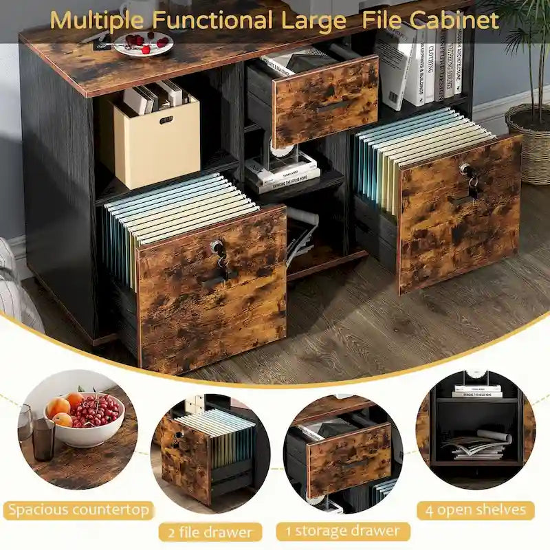 Meuble de Rangement Mobile en Bois avec Serrure, 3 Tiroirs et 4 Étagères Ouvertes — Support d'Imprimante pour Bureau à Domicile