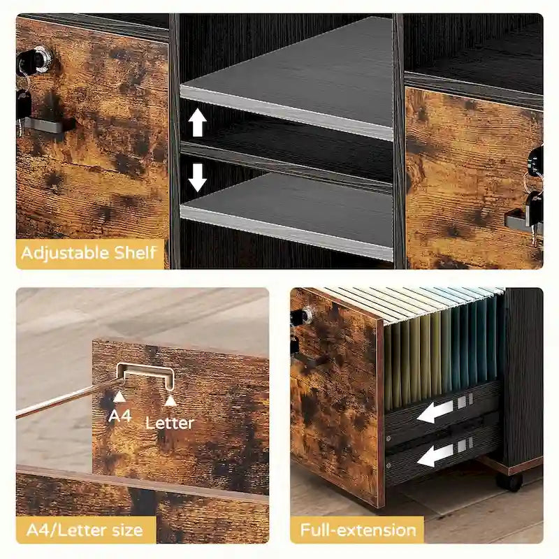 Meuble de Rangement Mobile en Bois avec Serrure, 3 Tiroirs et 4 Étagères Ouvertes — Support d'Imprimante pour Bureau à Domicile