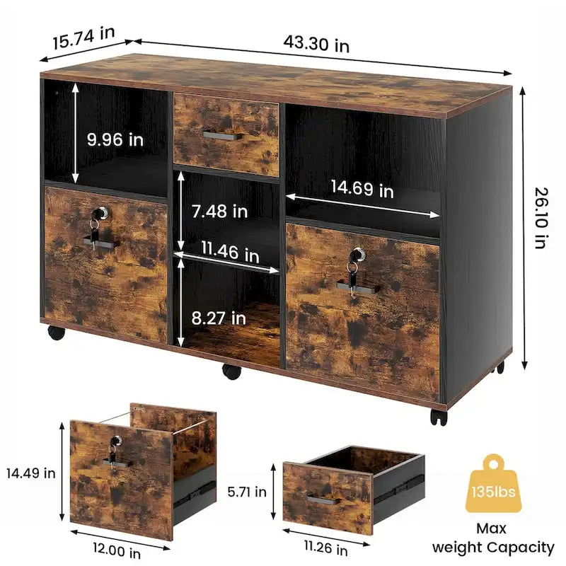 Meuble de Rangement Mobile en Bois avec Serrure, 3 Tiroirs et 4 Étagères Ouvertes — Support d'Imprimante pour Bureau à Domicile