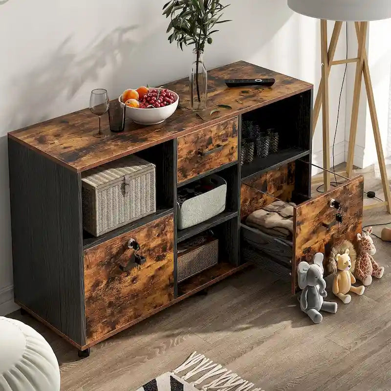 Meuble de Rangement Mobile en Bois avec Serrure, 3 Tiroirs et 4 Étagères Ouvertes — Support d'Imprimante pour Bureau à Domicile