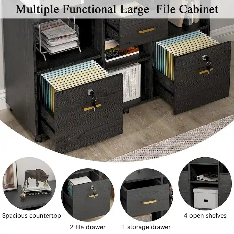 Meuble de Rangement Mobile en Bois avec Serrure, 3 Tiroirs et 4 Étagères Ouvertes — Support d'Imprimante pour Bureau à Domicile