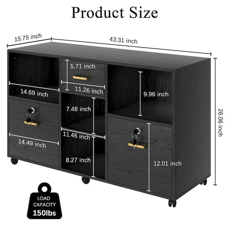 Meuble de Rangement Mobile en Bois avec Serrure, 3 Tiroirs et 4 Étagères Ouvertes — Support d'Imprimante pour Bureau à Domicile