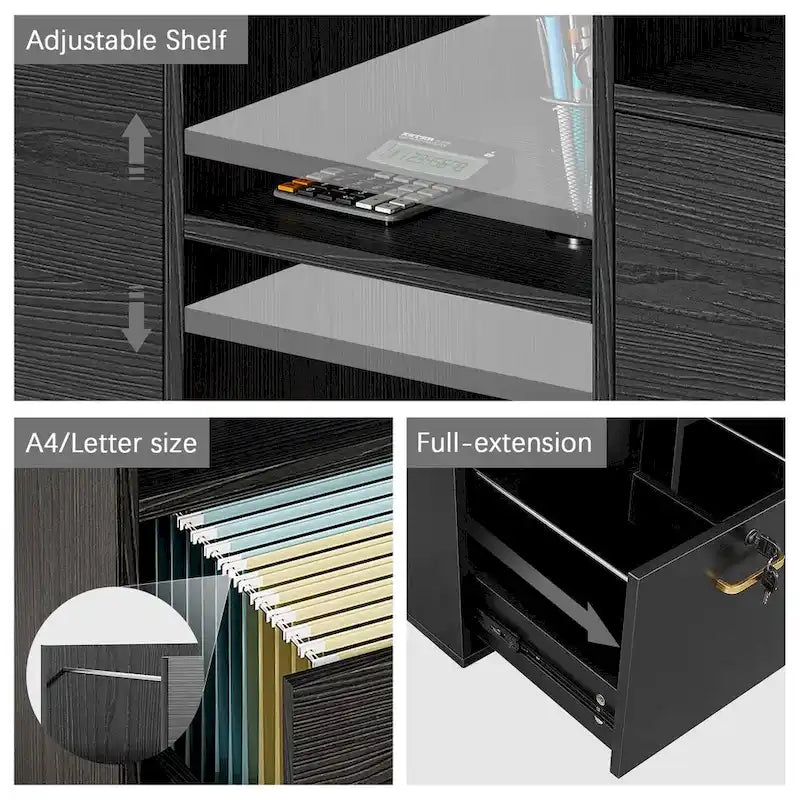 Meuble de Rangement Mobile en Bois avec Serrure, 3 Tiroirs et 4 Étagères Ouvertes — Support d'Imprimante pour Bureau à Domicile