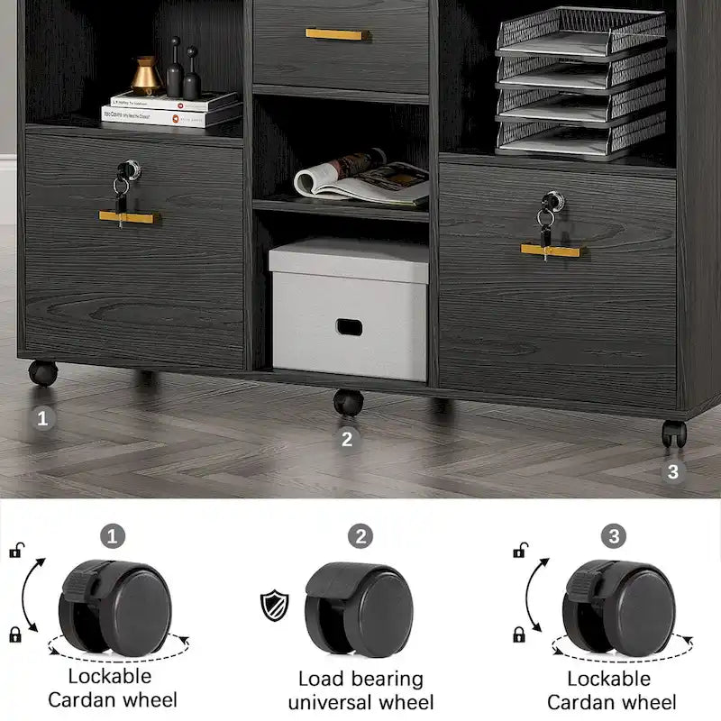 Meuble de Rangement Mobile en Bois avec Serrure, 3 Tiroirs et 4 Étagères Ouvertes — Support d'Imprimante pour Bureau à Domicile