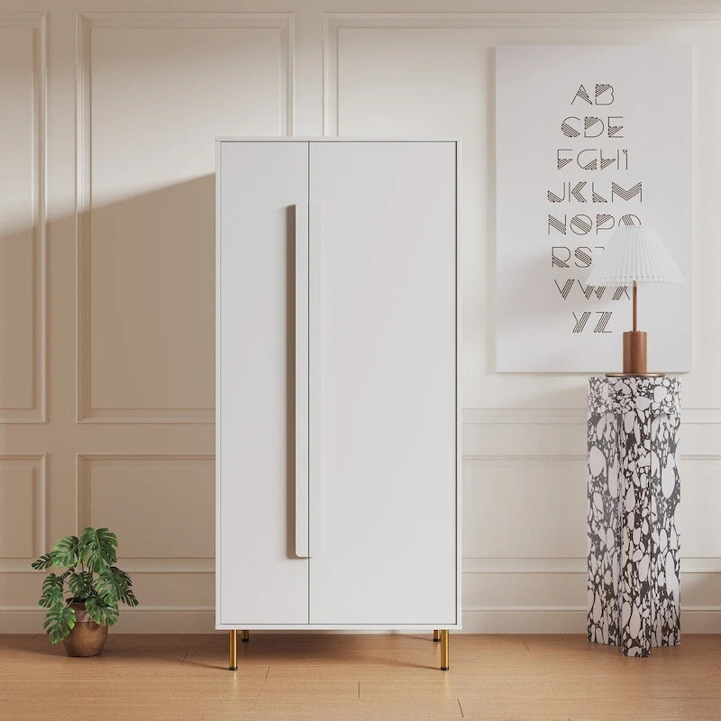 Meuble de rangement 2 portes avec pieds dorés et casiers ouverts