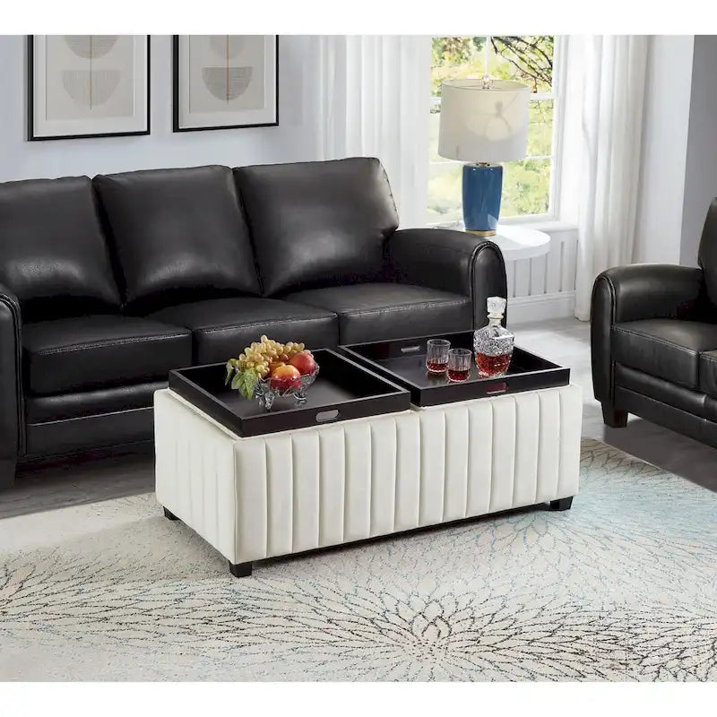 Banc ottoman de rangement carré avec couvercles à plateaux rabattables – Velours beige