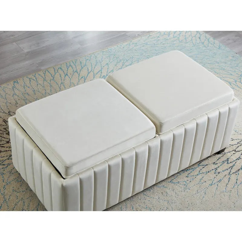 Banc ottoman de rangement carré avec couvercles à plateaux rabattables – Velours beige