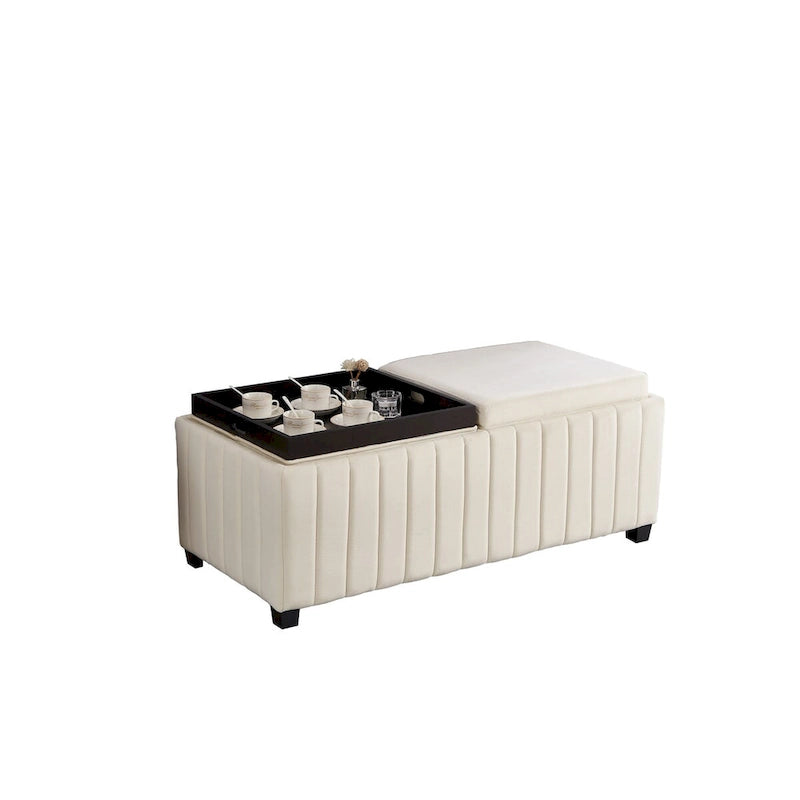 Banc ottoman de rangement carré avec couvercles à plateaux rabattables – Velours beige