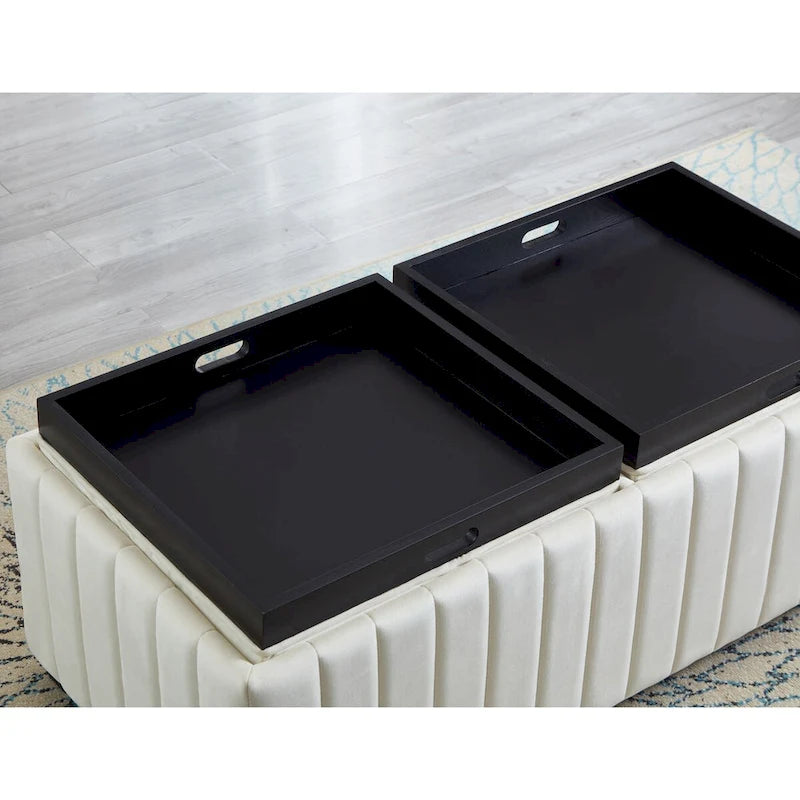 Banc ottoman de rangement carré avec couvercles à plateaux rabattables – Velours beige