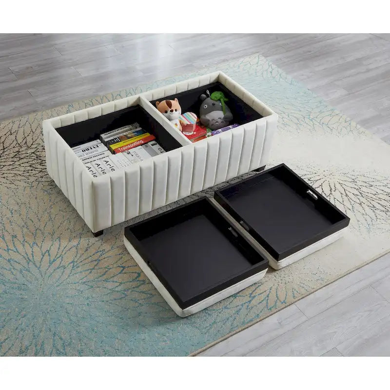 Banc ottoman de rangement carré avec couvercles à plateaux rabattables – Velours beige