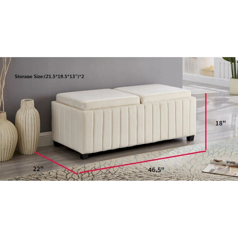 Banc ottoman de rangement carré avec couvercles à plateaux rabattables – Velours beige
