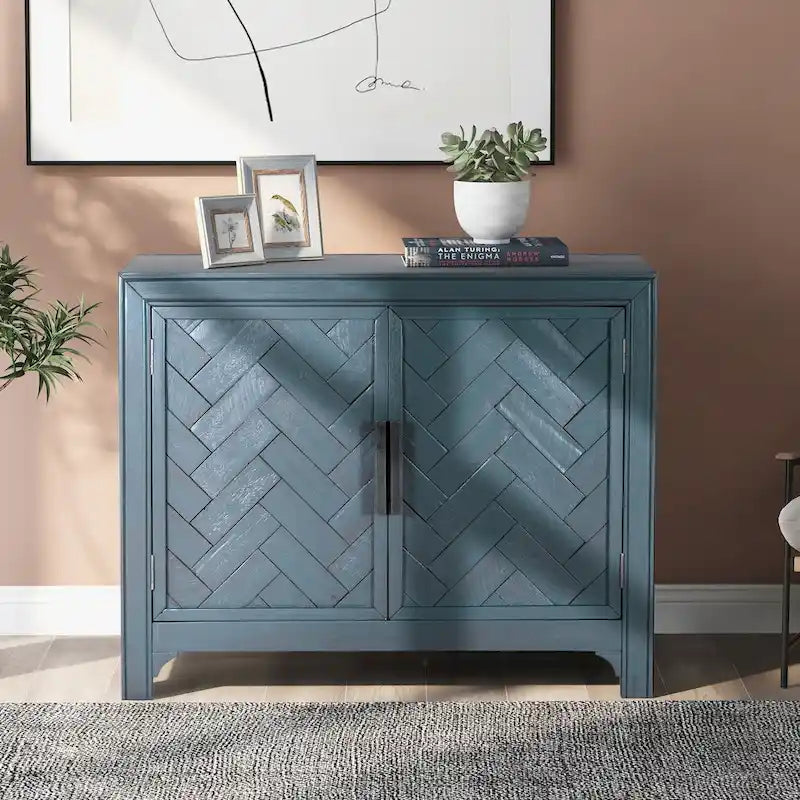 Meuble d'appoint 2 portes avec panneaux à chevrons et étagères réglables — Bleu antique