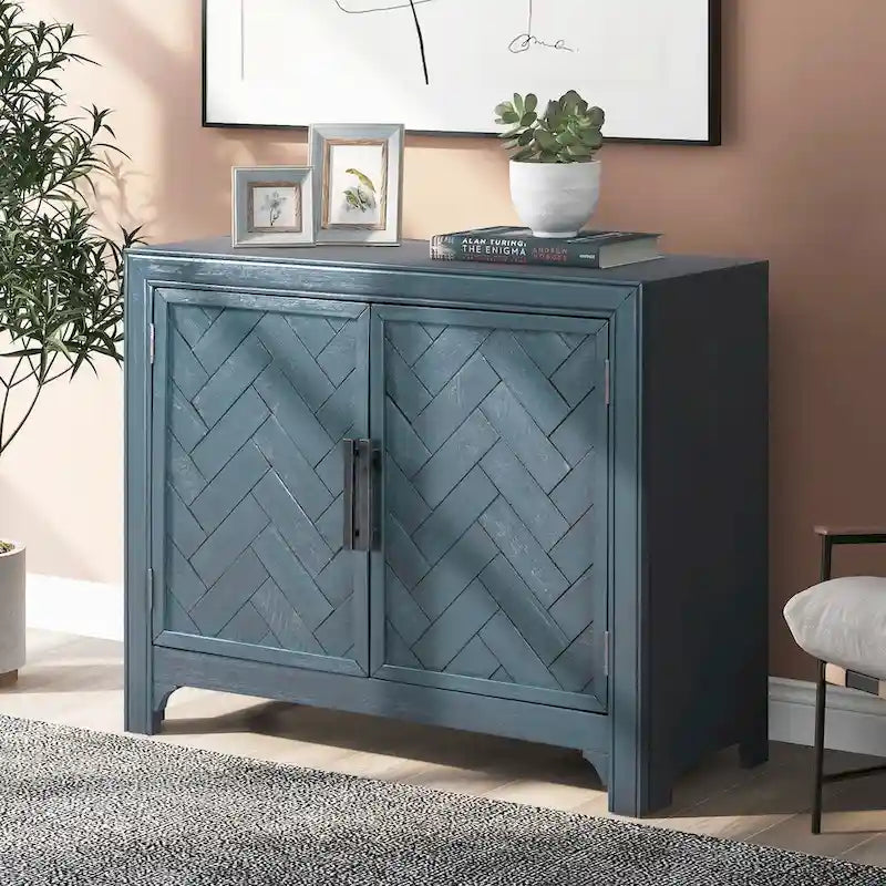 Meuble d'appoint 2 portes avec panneaux à chevrons et étagères réglables — Bleu antique
