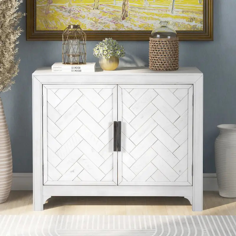 Meuble d'appoint 2 portes avec panneaux à chevrons et étagères réglables — Bleu antique