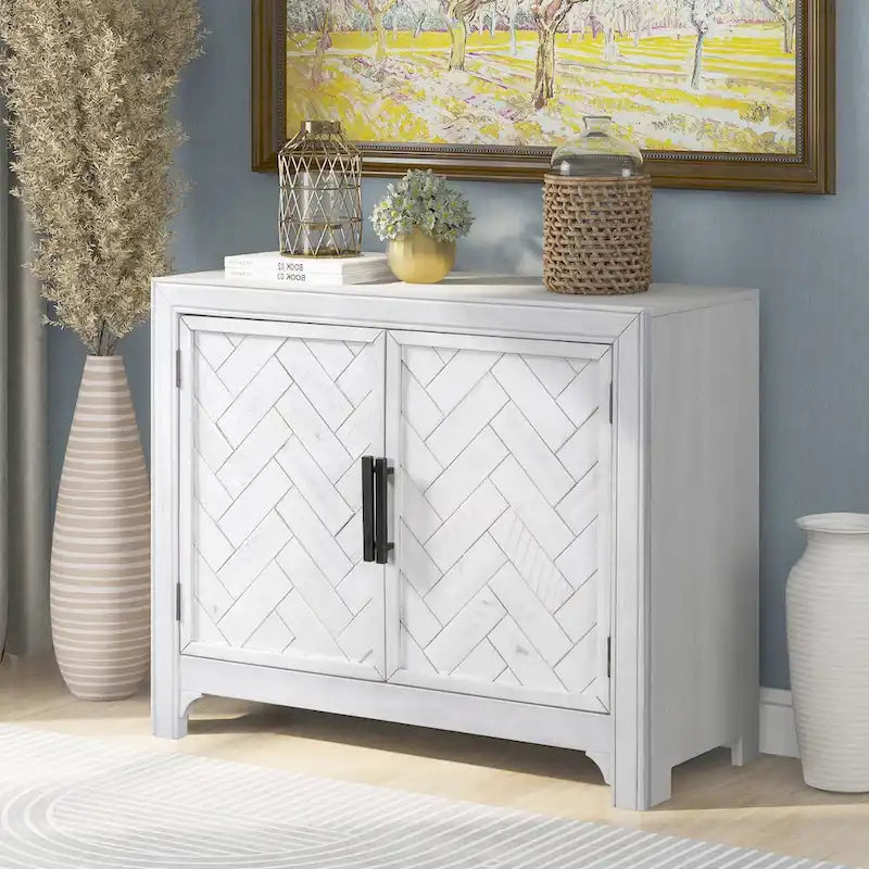 Meuble d'appoint 2 portes avec panneaux à chevrons et étagères réglables — Bleu antique