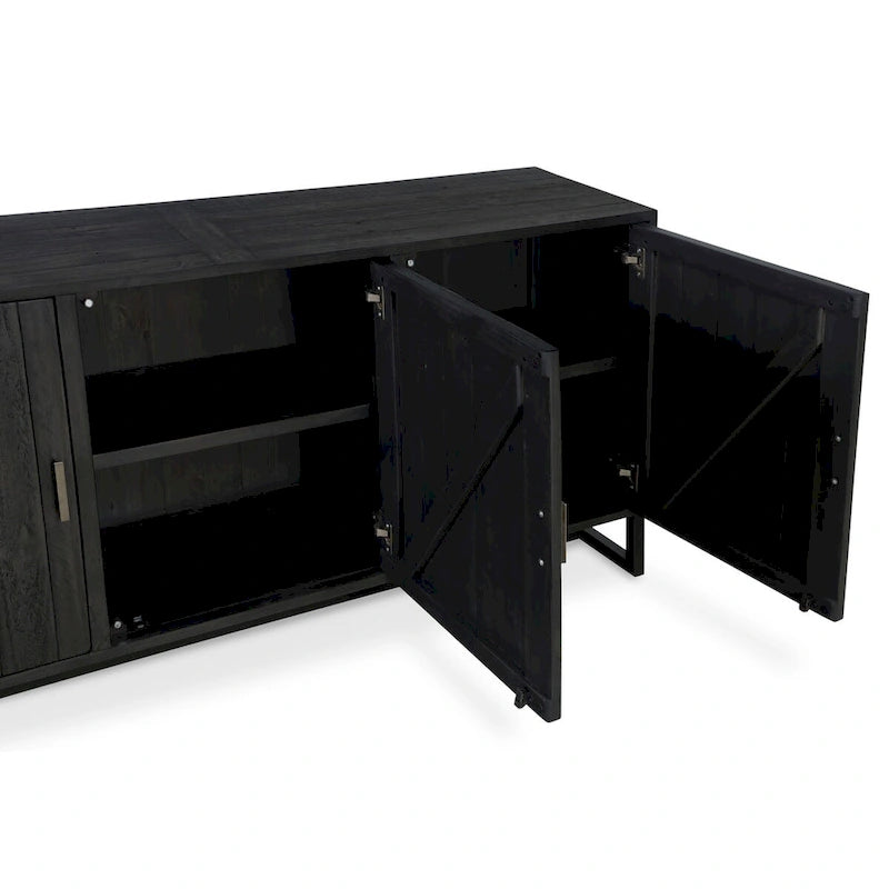 Buffet en pin recyclé à 3 portes avec base en métal et 6 étagères
