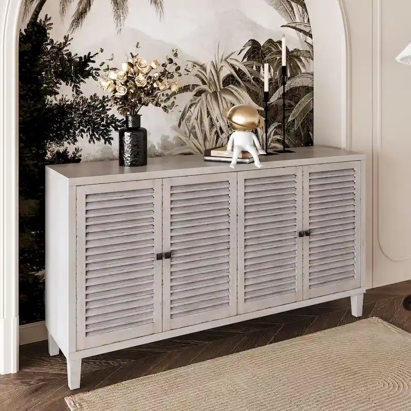 Meuble d'appoint 2 niveaux avec 4 portes persiennes – Blanc délavé